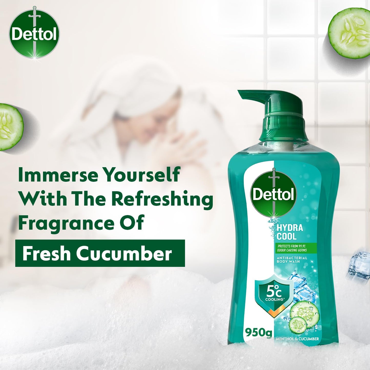 Dettol Hydra Cool Antibacterial Body wash Long Lasting Odour Protection With Menthol & Cucumber - 950 ml