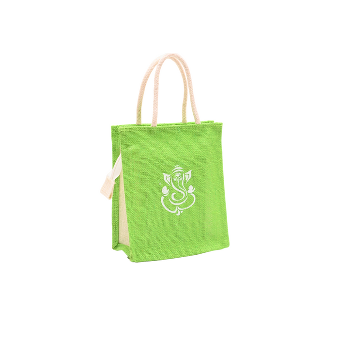 Jute bag Ganesha Green Colour With Zip - 1 Pc (8w x 9h x 4s)