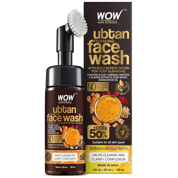 Wow Skin Science Ubtan Foaming Face Wash Built in Brush for Deep Cleansing Turmeric & Saffron - 150 ml