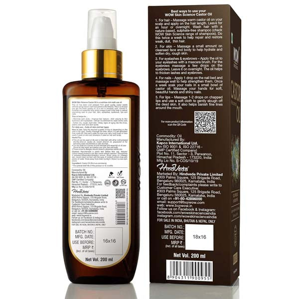 Wow Skin Science 100% Pure Castor Oil Cold Pressed For Stronger Hair Skin & Nails - 200 ml