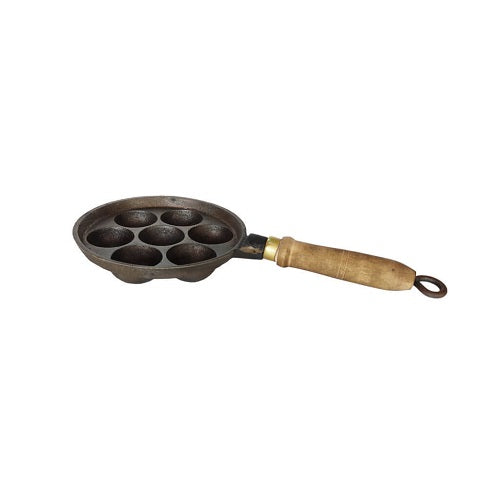 Cast Iron Paniyara Kal With Wooden Handle - 7 Pits