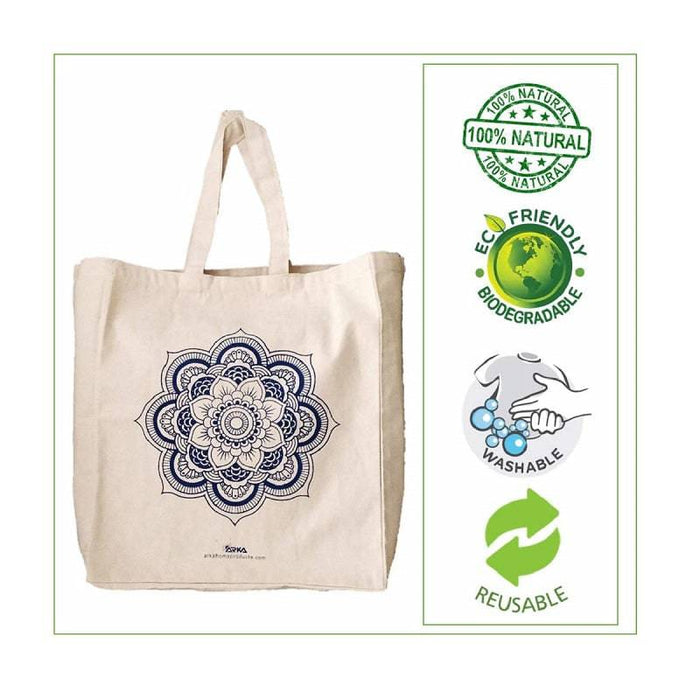 Cotton Blue Mandala Flower Reusable Shopper Bag - 1 Pc