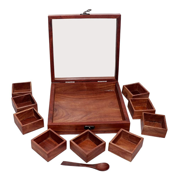 Delux Wood Carver Masala Box With Spoon - 1 Pc