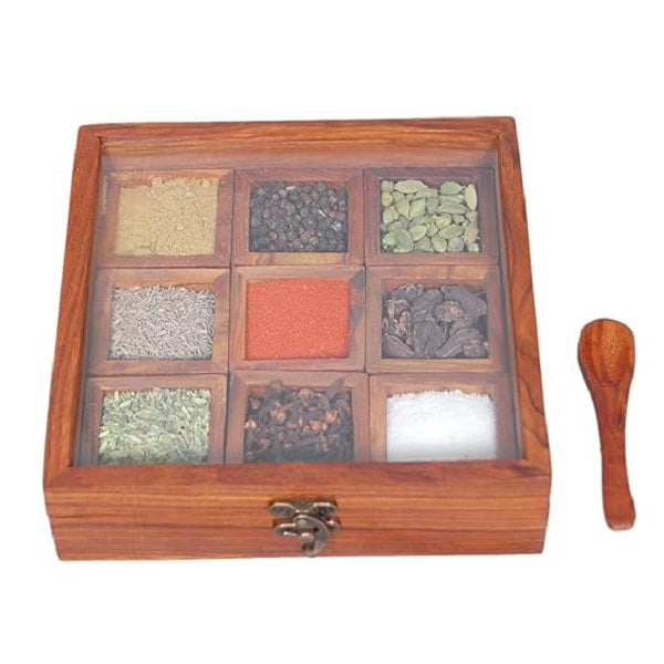 Delux Wood Carver Masala Box With Spoon - 1 Pc