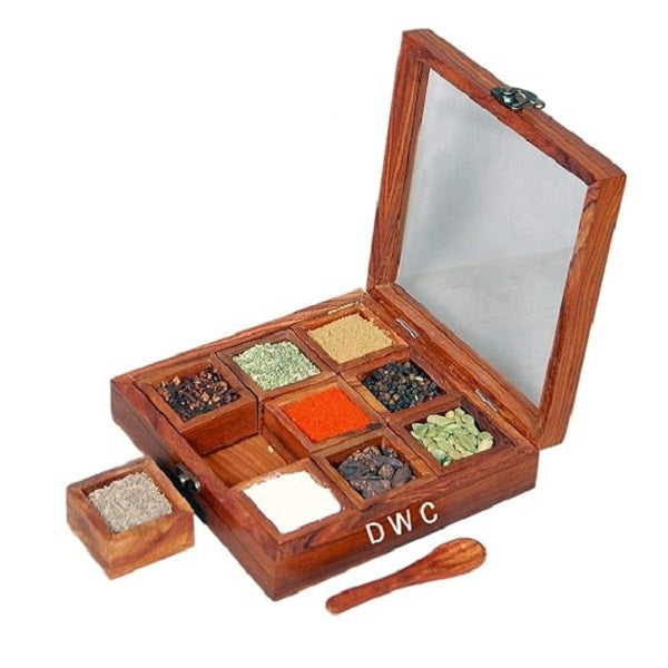 Delux Wood Carver Masala Box With Spoon - 1 Pc