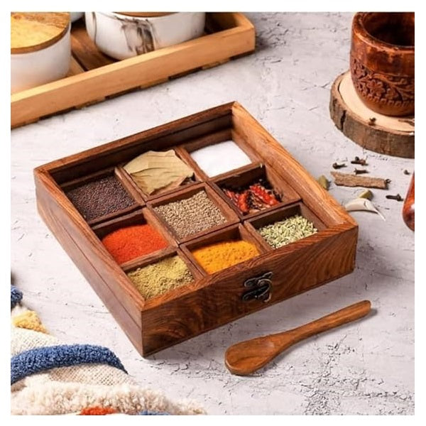 Delux Wood Carver Masala Box With Spoon - 1 Pc