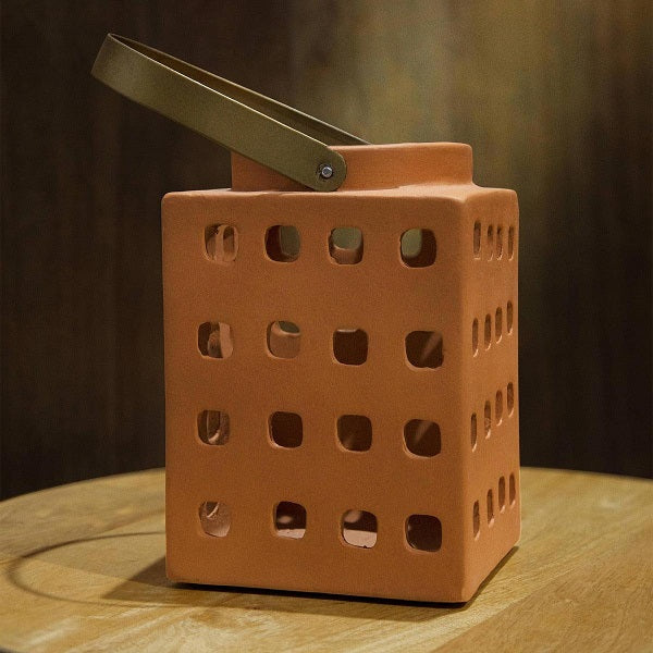 Ellementry Lupa Terracotta Square Lantern w/metal Handle Large For Kitchen/Gifting Purpose(TCDEA2964) - 1 Pc