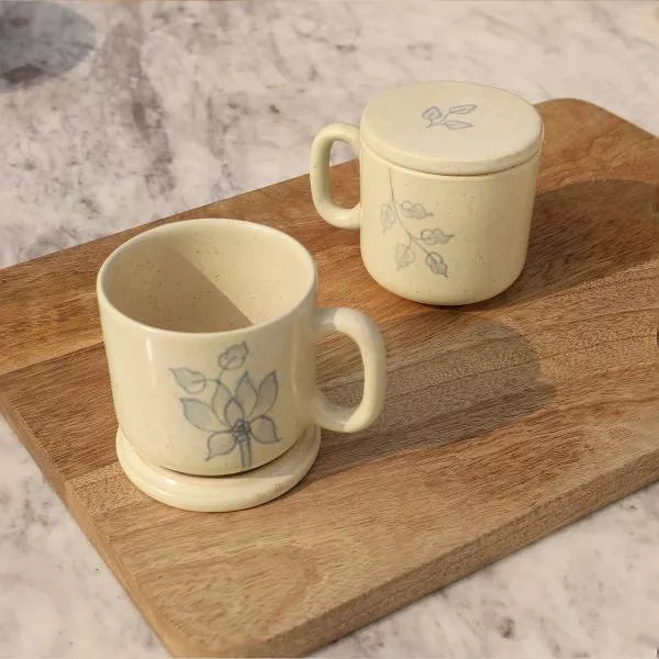 Ellementry Fiore Ceramic Mug Set of Two  with Lid For Kitchen/Gifting Purpose(SWETA2453) - Set of 2 10 cm x 7 cm x 7 cm each (LxWxH)