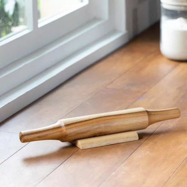 Ellementry in teak wooden belan with stand For Kitchen/Gifting Purpose(WDKEA1667) - 1 pc Belan 35.5 cm x 9 cm x 4.5 cm (LxWxH) Stand 12.75 cm x 9 cm x 2 cm (LxW