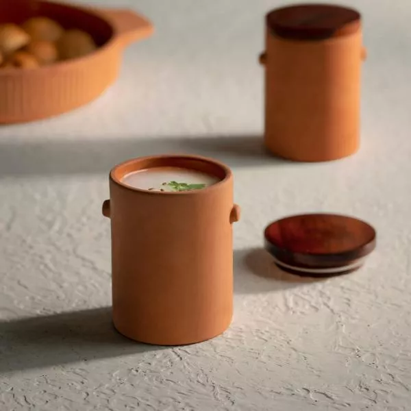 Ellementry Knurl Terracotta Tumbler with Wooden Lid For Kitchen/Gifting Purpose(TCTEA2339) - 1 pc