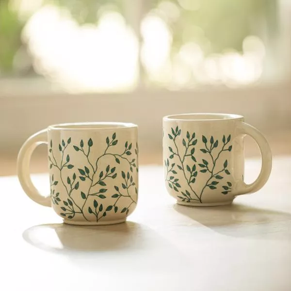 Ellementry Livada Green Ceramic Mug Set For Kitchen/Gifting Purpose(SWSWA2942) - set of 2