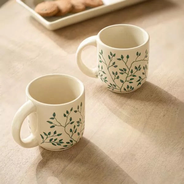 Ellementry Livada Green Ceramic Mug Set For Kitchen/Gifting Purpose(SWSWA2942) - set of 2