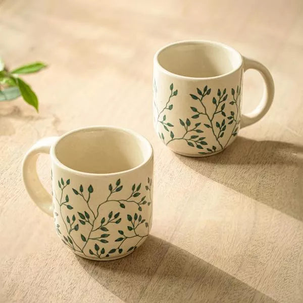 Ellementry Livada Green Ceramic Mug Set For Kitchen/Gifting Purpose(SWSWA2942) - set of 2