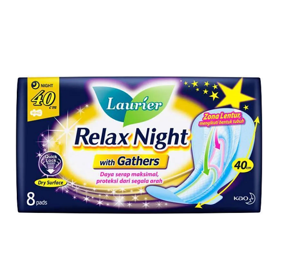 Laurier Relax Nigt Safety Comfort Gather 40Cm Sanitary Napkins - 8 Pcs