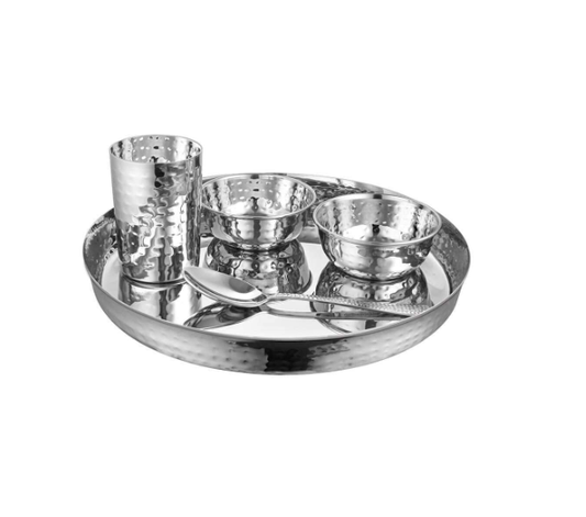 Stainless Steel Hammered Finish Dinner Set of 1 Thali 2 Bowl 1 Glass 1 Spoon - 1 Box (Set of 5)