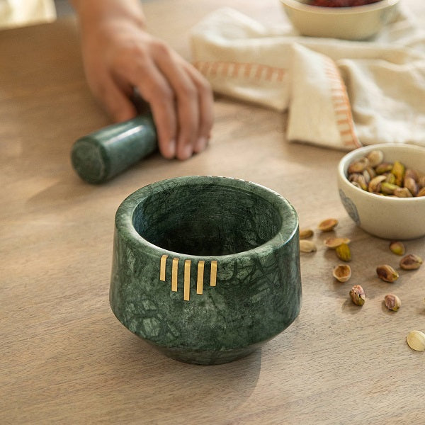 Ellementry Verde Marble Mortar & Pestle For Kitchen/Gifting Purpose(MAKEA2689) - 1 Pc