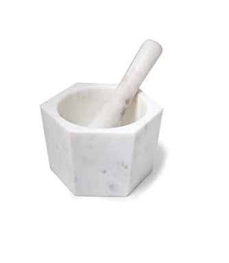 Ellementry White Marble Mortar & Pestle In Hexagon Shape For Kitchen/Gifting Purpose - 1 Pc Mortar 15 cm x 13 cm x 9 cm (LxWxH) Pestle 18 x 3.8 cm (LxW)