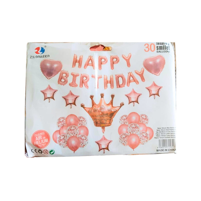 Crown Rose Gold Happy Birthday Baloons For Birthday Decoration - 30 Pcs