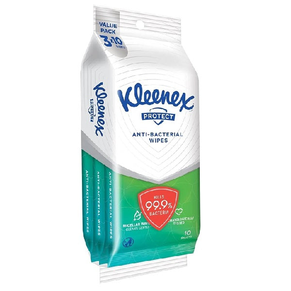 Kleenex Protect Anti Bacterial Wipes - 3 Packs x 10 Sheets