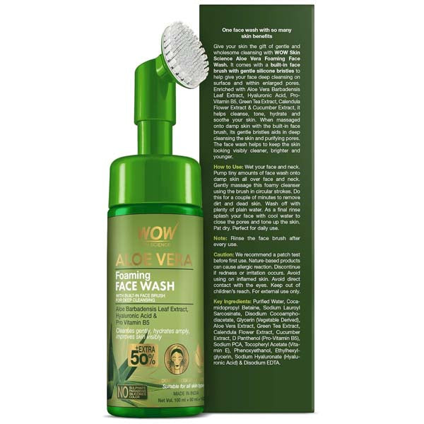 Wow Skin Science Foaming Aloe Vera Face Wash Built in Brush for Deep Cleansing For Oily & Dry Skin - 100 ml