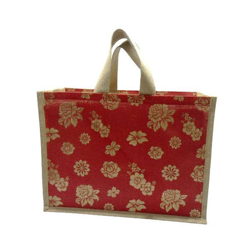 Jute Shopping Bag Red Flowers - FromIndia.com