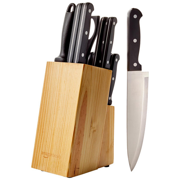 Basics Kitchen Knife Set with High Carbon Stainless Steel Blades and Pine Wood Block - 14 Piece