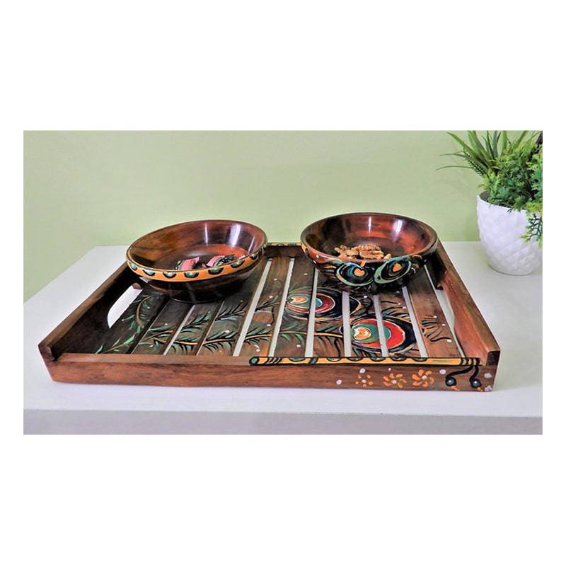 Wooden Tray with Basuri Hand painted Design with Bowls Combo (sheesham Wood) - 1 pc