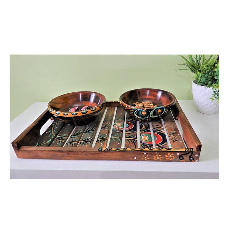 Wooden Tray with Basuri Hand painted Design with Bowls Combo (sheesham Wood) - 1 pc