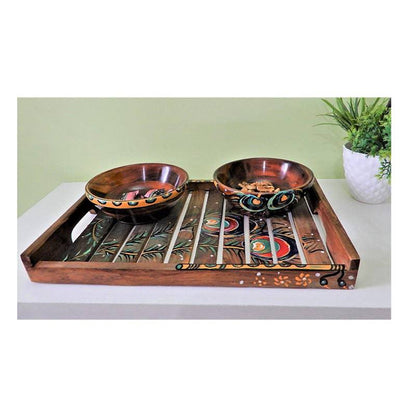 Wooden Tray with Basuri Hand painted Design with Bowls Combo (sheesham Wood) - 1 pc