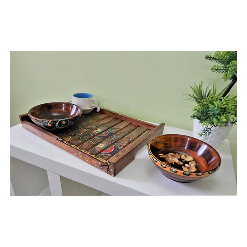Wooden Tray with Basuri Hand painted Design with Bowls Combo (sheesham Wood) - 1 pc