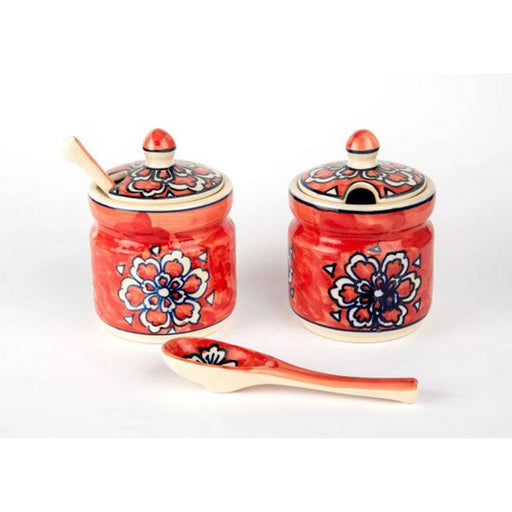 Hand Printed Red Ceramic Multipurpose Jar with Spoon - Set of 2 - FromIndia.com