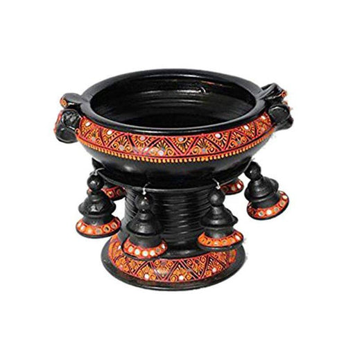 Terracotta Decorative Flower urli with stand Black - 6inch - FromIndia.com