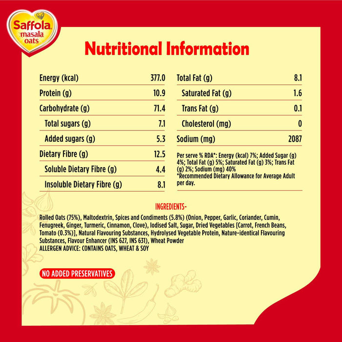 Saffolla Oats Masala Oats PEPPY TOMATO 500G - FromIndia.com