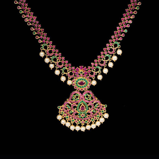 Pink And Green Stone Padakam Necklace With Earring - FromIndia.com