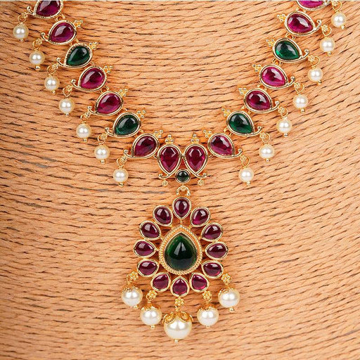 Pink & Green Kempu Necklace With Jhumka - FromIndia.com