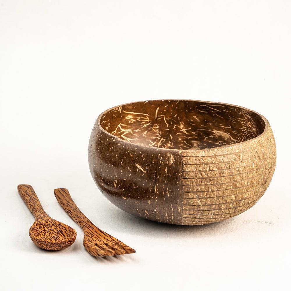 Coconut Hand Carved Bowl With Cutlery - 1 Jumbo Bowl 1 Coconut Wood Spoon 1 Coconut Wood Fork