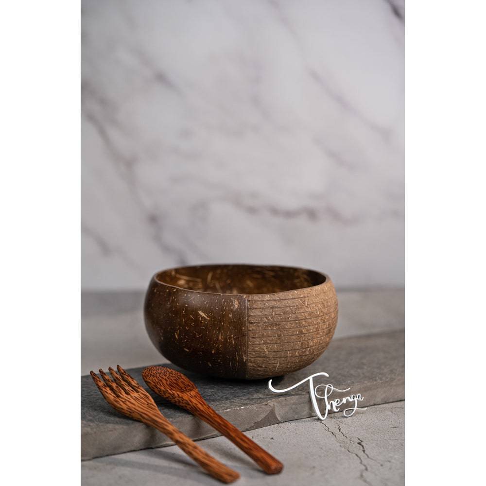 Coconut Hand Carved Bowl With Cutlery - 1 Jumbo Bowl 1 Coconut Wood Spoon 1 Coconut Wood Fork