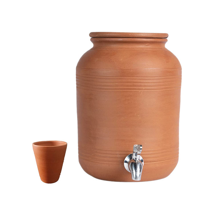 Village Decor Handmade Earthen Clay Water Pot With Lid & SS Tap - 6 L