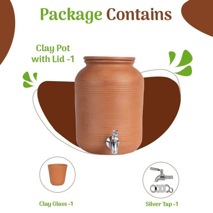 Village Decor Handmade Earthen Clay Water Pot With Lid & SS Tap - 6 L