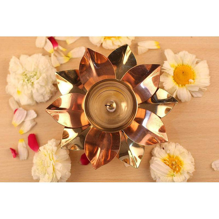 Brass and Copper Flower Shaped Diya  - Set of 2 (Medium)