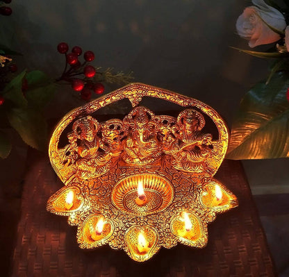 Laxmi Ganesh Saraswati Idol With 5 Oil Divi Deepam Statue - 1 Pc