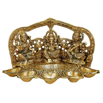 Laxmi Ganesh Saraswati Idol With 5 Oil Divi Deepam Statue - 1 Pc