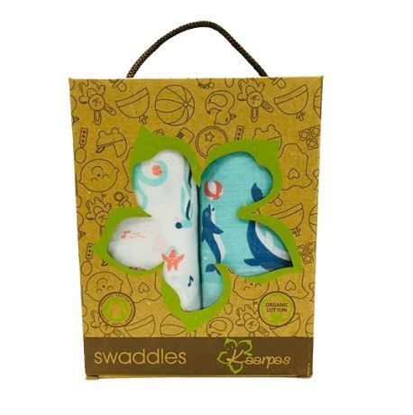 Kaarpas Ocean Dive 100% Premium  Cotton Muslin Set of 2 Swaddles Dolphin & Octopus Baby Blanket Medium (KASW2031S) (Certified ORGANIC)