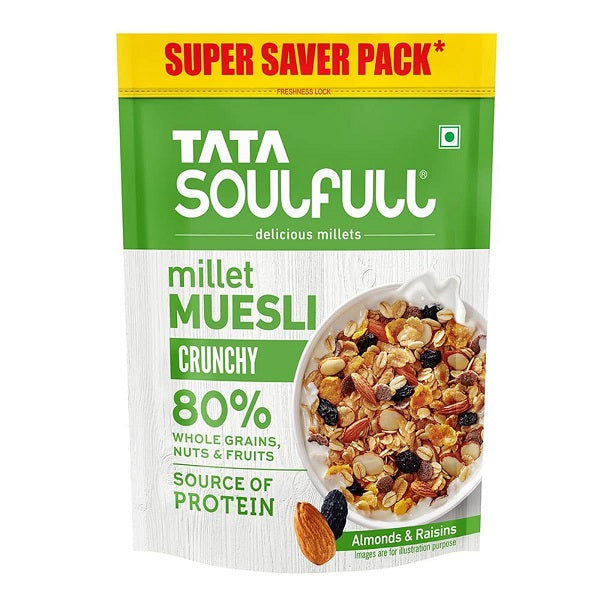 Tata Soulfull Millet Muesli Crunchy 80% Whole Grains Almonds & Raisins Source of Protein - 500 g